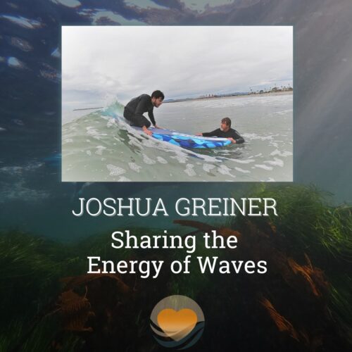 Young man kneeling on surfboard with older man supporting the surfboard, as a large wave crests up lifting the board