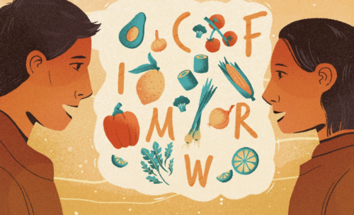 Illustration of a man with a speech bubble showing letters of the alphabet and food